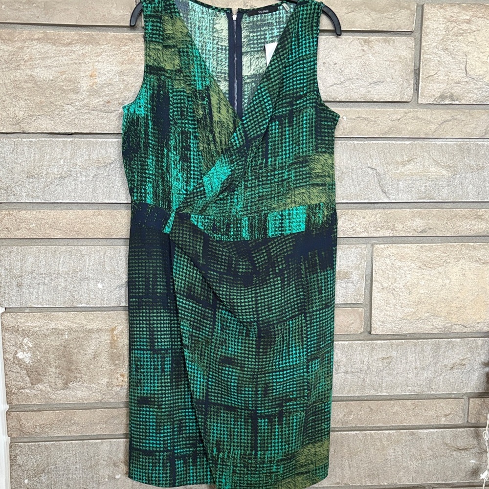 Tahari Sleeveless Green Patterned Wrap Sheath Dress